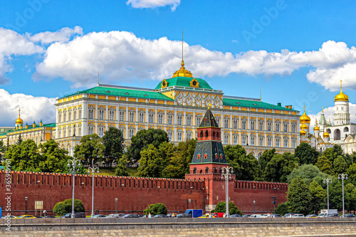 Kremlin wall and the Grand Kremlin Palace against the blue sky