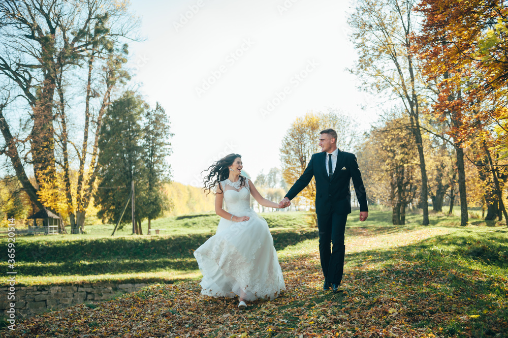 bride and groom in autumn park Love Life bride and groom in autumn park Love Life