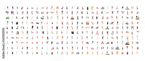 Crowd of flat illustrated people. Dancing, surfing, traveling, walking, working, playing people set. Vector big set