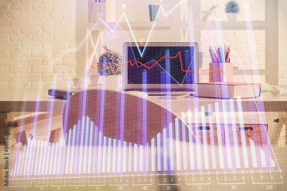 Double exposure of financial graph drawing and office interior background. Concept of stock market. Double exposure of financial graph drawing and office interior background. Concept of stock market.