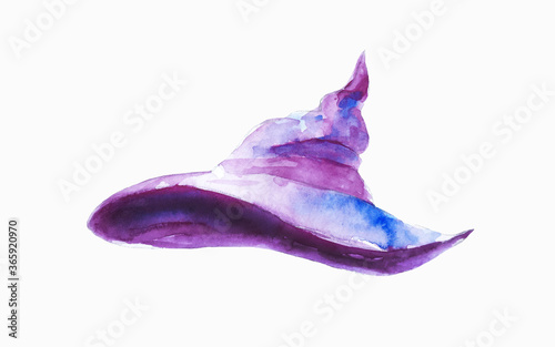 Watercolor illustration. A witch's hat isolated on a light background.