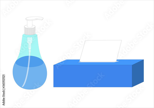 Gel hidroalcohólico y caja con pañuelos de papel