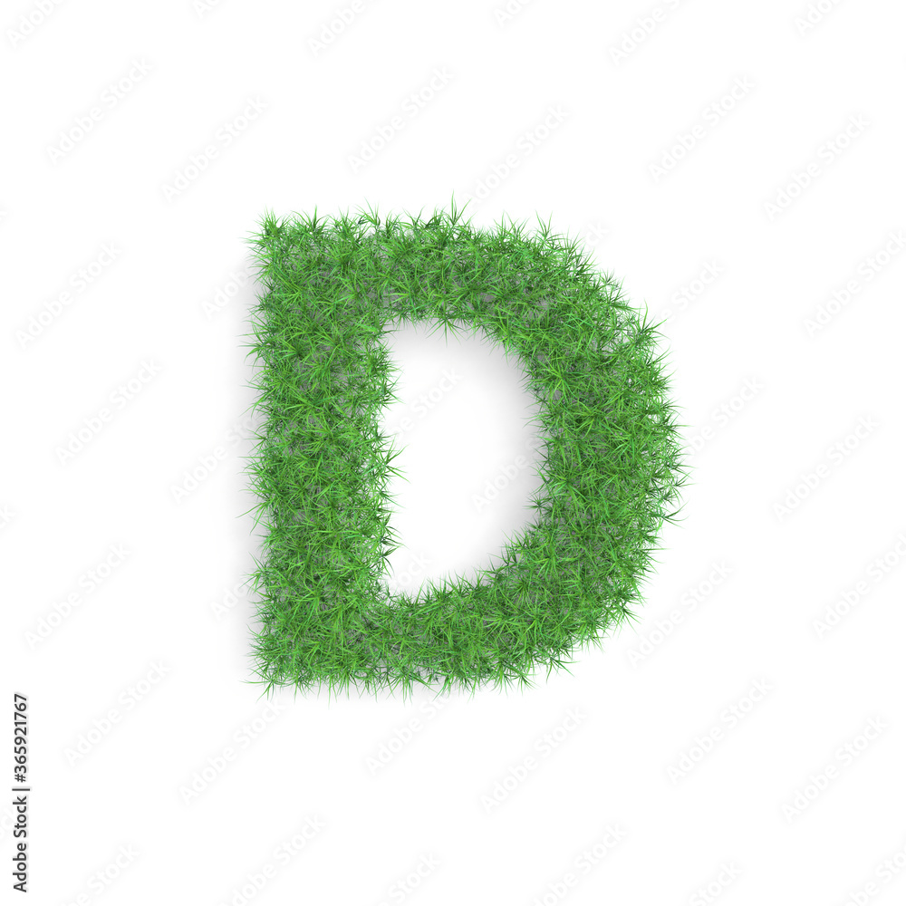 Letter D symbol made of green grass isolated on white background, part of the set. Sustainable technology or lifestyle related 3d rendering Letter D symbol made of green grass isolated on white background, part of the set. Sustainable technology or lifestyle related 3d rendering