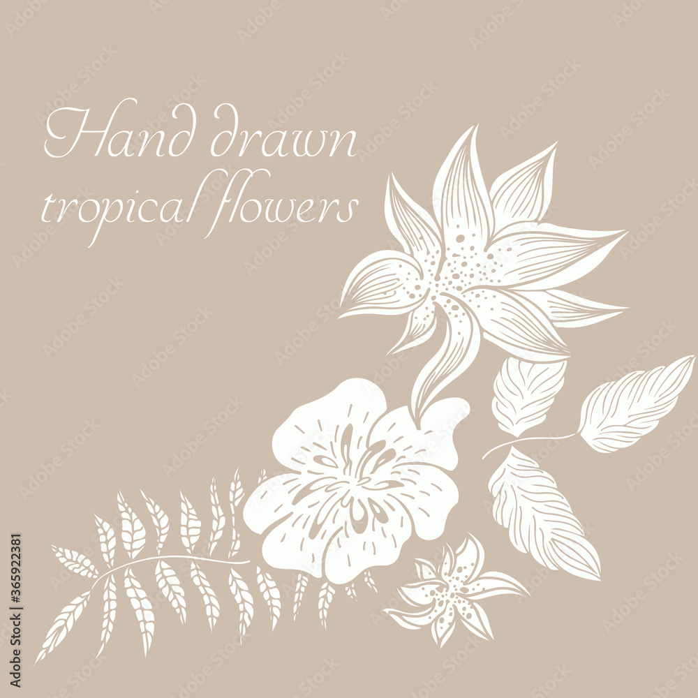 Vector composition of hand drawn tropical flowers, palm leaves, jungle plants, paradise bouquet. Floral illustration in sketch style. Summer background with tropical flowers for travel. Isolated