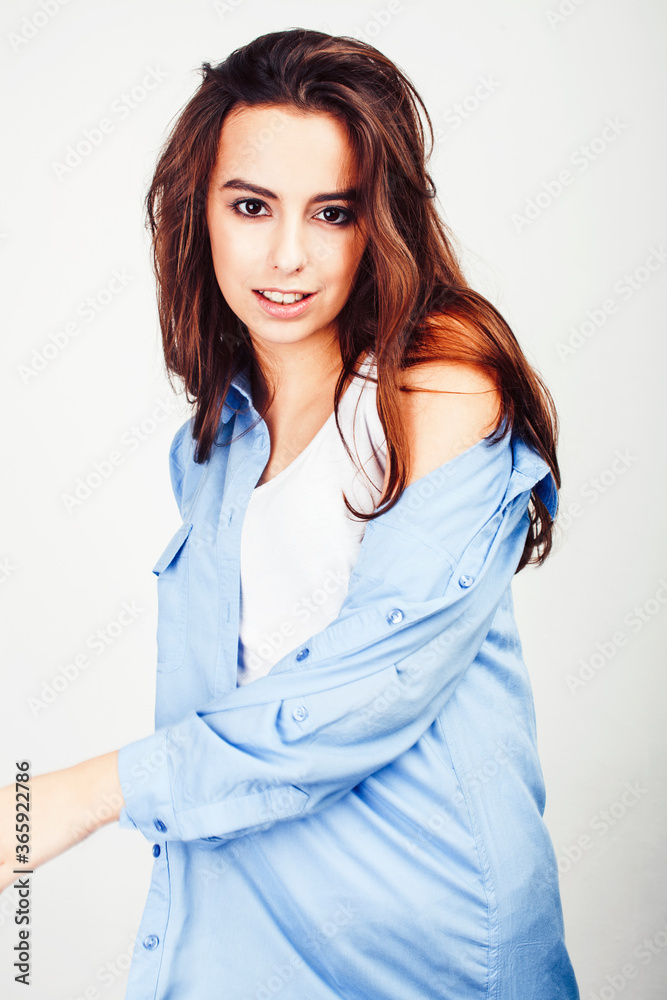 young pretty stylish brunette hipster girl posing emotional isolated on white background happy smiling cool smile, lifestyle people concept young pretty stylish brunette hipster girl posing emotional isolated on white background happy smiling cool smile, lifestyle people concept