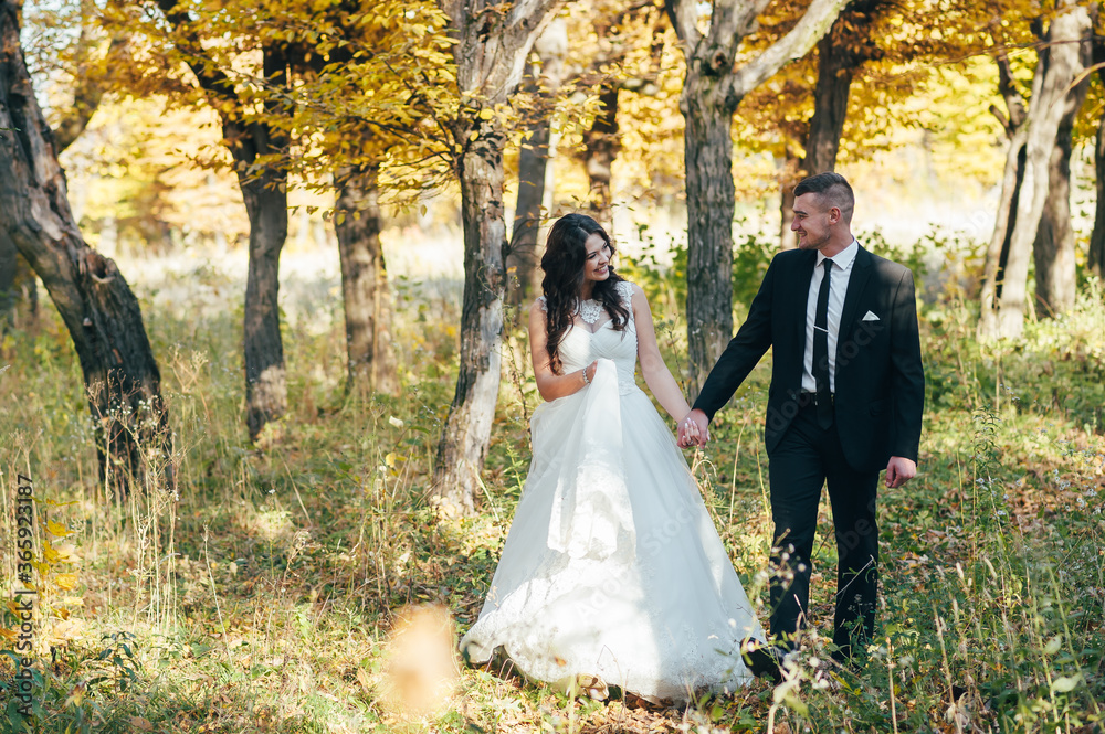 Sunshine portrait of happy bride and groom outdoor in nature location at sunset. Warm summertime. Happy couple with a beautiful bouquet of flowers. Wedding photo. Couple in love. Autumn wedding Sunshine portrait of happy bride and groom outdoor in nature location at sunset. Warm summertime. Happy couple with a beautiful bouquet of flowers. Wedding photo. Couple in love. Autumn wedding
