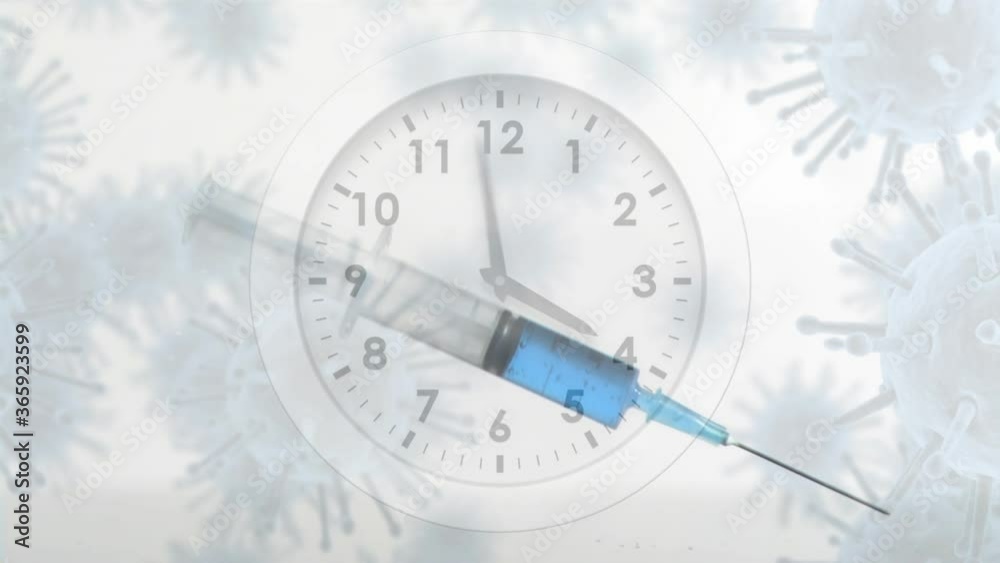 Covid-19 cells moving against clock and syringe