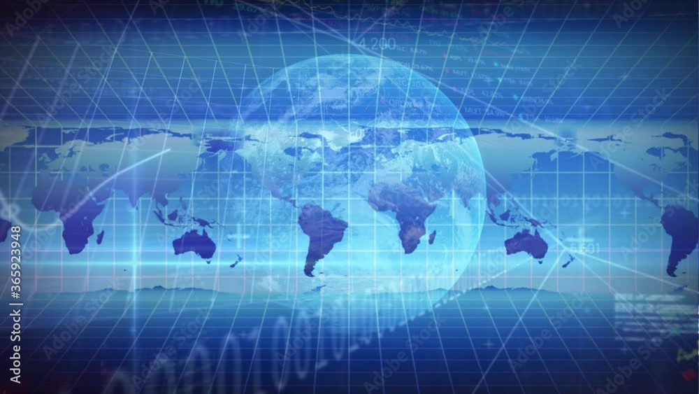 Stock market data processing over globe against World map Stock market data processing over globe against World map