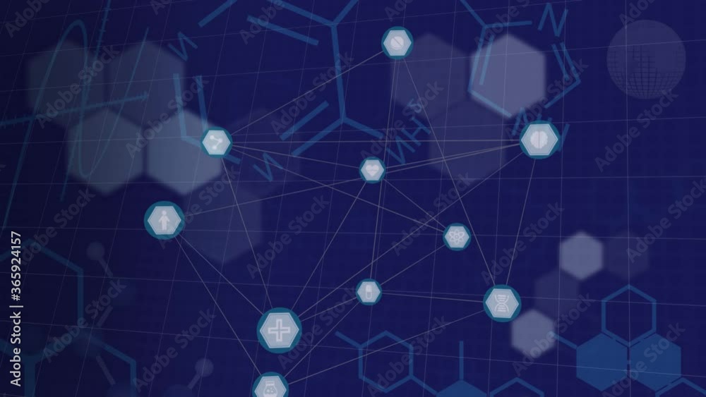 Web of connections icons and chemical structures against blue background Web of connections icons and chemical structures against blue background