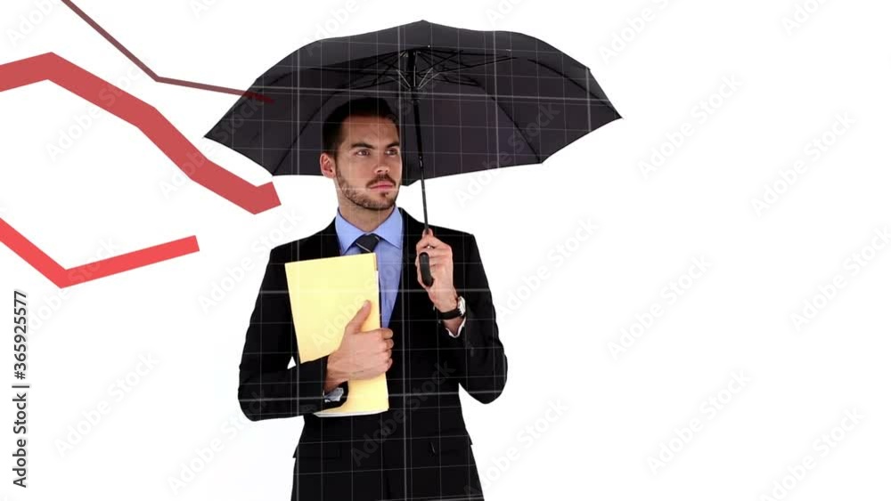 Red graphs moving against businessman holding an umbrella Red graphs moving against businessman holding an umbrella