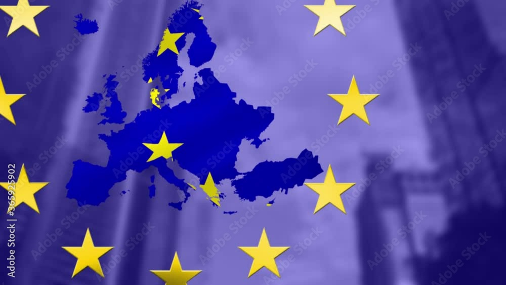 Stars spinning over EU map made of EU flag against tall buildings Stars spinning over EU map made of EU flag against tall buildings