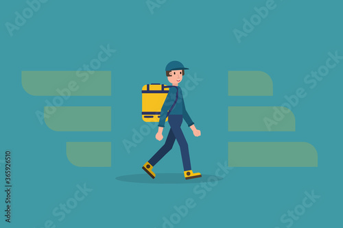 Delivery guy on his way to a client with a thermobag walking down. Isolated stock vector illustration in flat design.