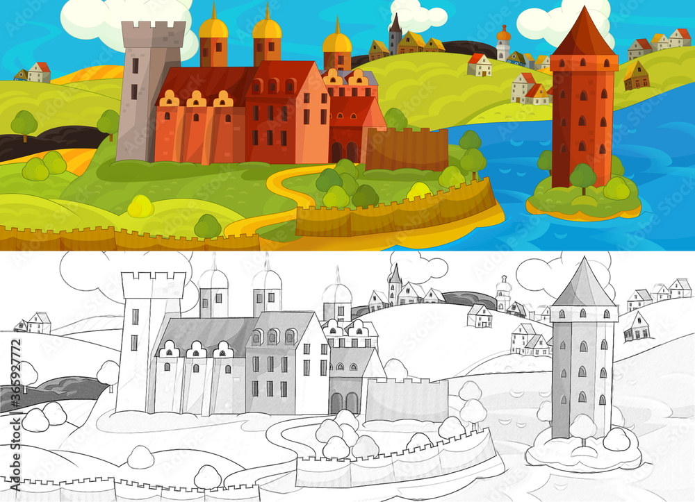 cartoon summer scene with path in the forest with castle - illustration