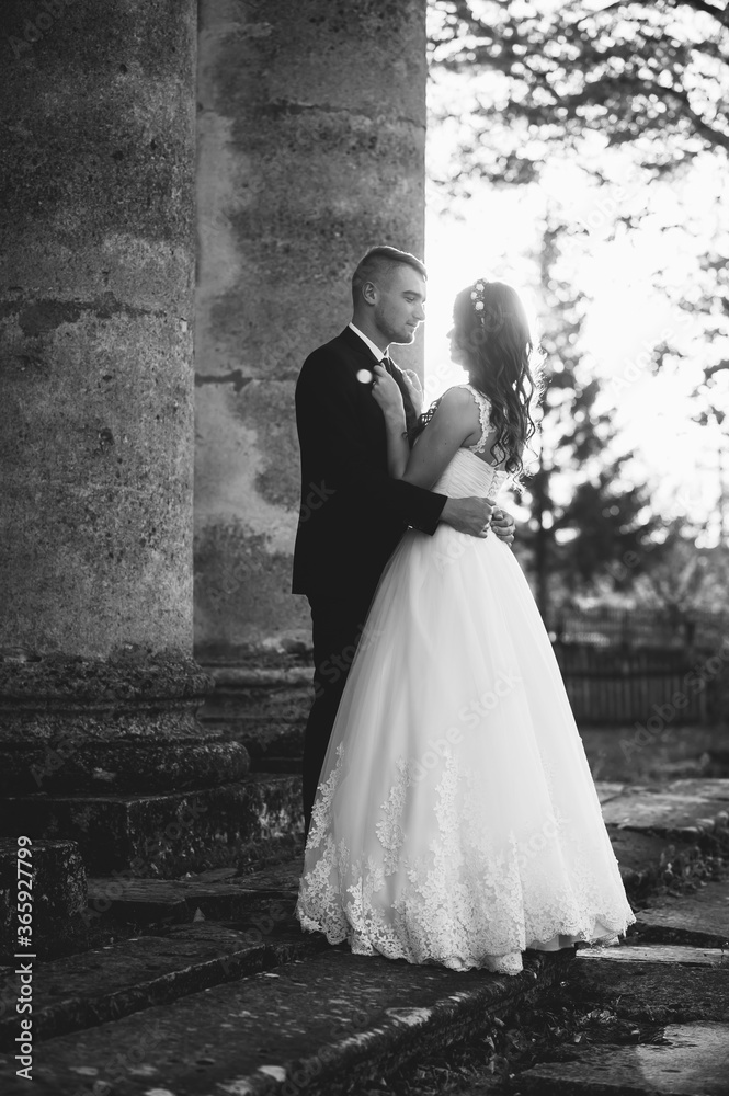 Sunshine portrait of happy bride and groom outdoor in nature location at sunset. Warm summertime. Happy couple with a beautiful bouquet of flowers. Wedding photo. Couple in love. Autumn wedding Sunshine portrait of happy bride and groom outdoor in nature location at sunset. Warm summertime. Happy couple with a beautiful bouquet of flowers. Wedding photo. Couple in love. Autumn wedding