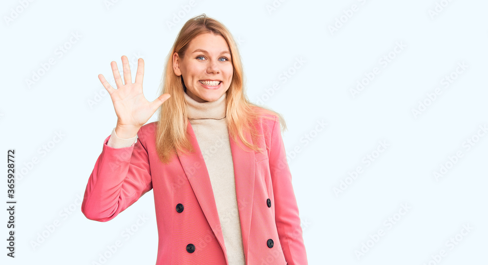 Young beautiful blonde woman wearing elegant clothes showing and pointing up with fingers number five while smiling confident and happy. Young beautiful blonde woman wearing elegant clothes showing and pointing up with fingers number five while smiling confident and happy.
