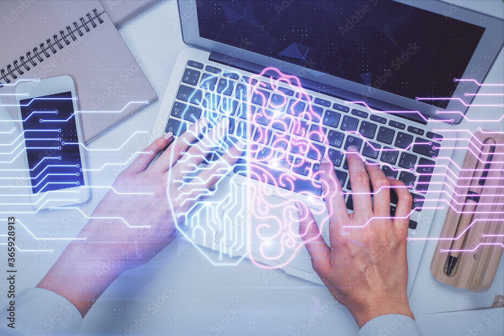 Double exposure of woman working on computer andhuman brain hologram drawing. Top View. Ai concept. Double exposure of woman working on computer andhuman brain hologram drawing. Top View. Ai concept.