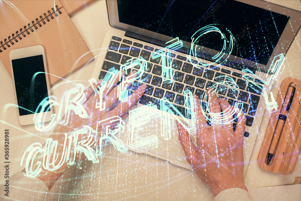 Double exposure of woman hands working on computer and blockchain theme hologram drawing. Top View. bitcoin cryptocurrency concept. Double exposure of woman hands working on computer and blockchain theme hologram drawing. Top View. bitcoin cryptocurrency concept.