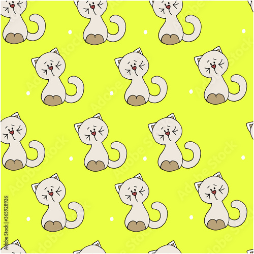 Seamless pattern with a cat. Drawn yellow illustration. Suitable for textiles, backdrops, wall papers, clothing