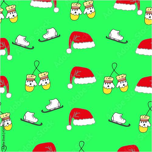 Seamless new year pattern. Mittens, skates, Santa hat. Suitable for gift wrapping, textiles, covers, postcards