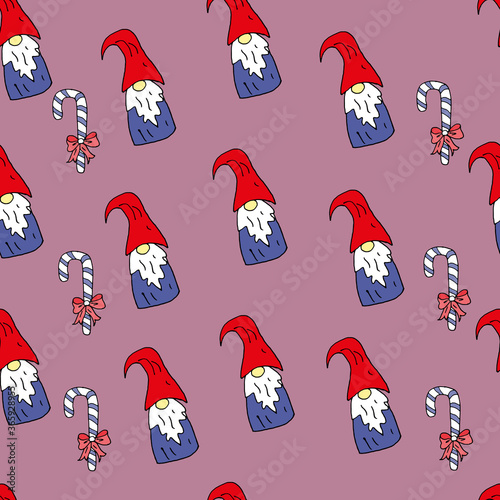 Seamless Christmas pattern with gnome and lollipop. Suitable for stationery, textiles, wallpapers, backgrounds