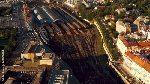 Aerial Drone view of the Central Train Station of Prague in summer holiday, sustainable travel, hlavni nadrasi photo