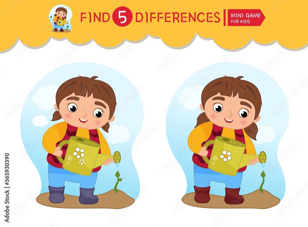 Find differences.  Educational game for children. Cartoon vector illustratio of cute girl watering a sprout.
