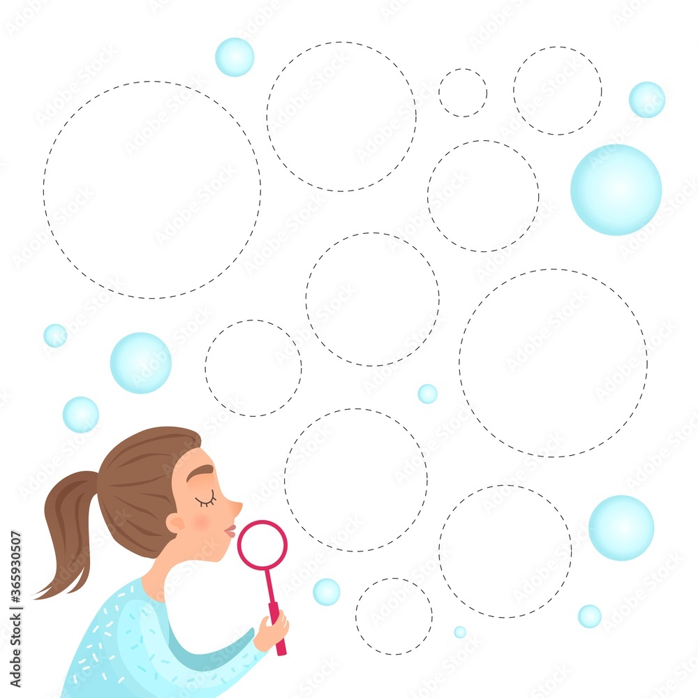 Handwriting practice sheet. Basic writing. Educational game for children. Cute girl blowing bubbles. Handwriting practice sheet. Basic writing. Educational game for children. Cute girl blowing bubbles.
