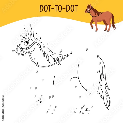 Educational game for kids. Dot to dot game for children. Farm animals. Horse.