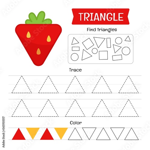 Handwriting practice sheet. Basic writing. Educational game for children. Geometric forms. Triangle.
