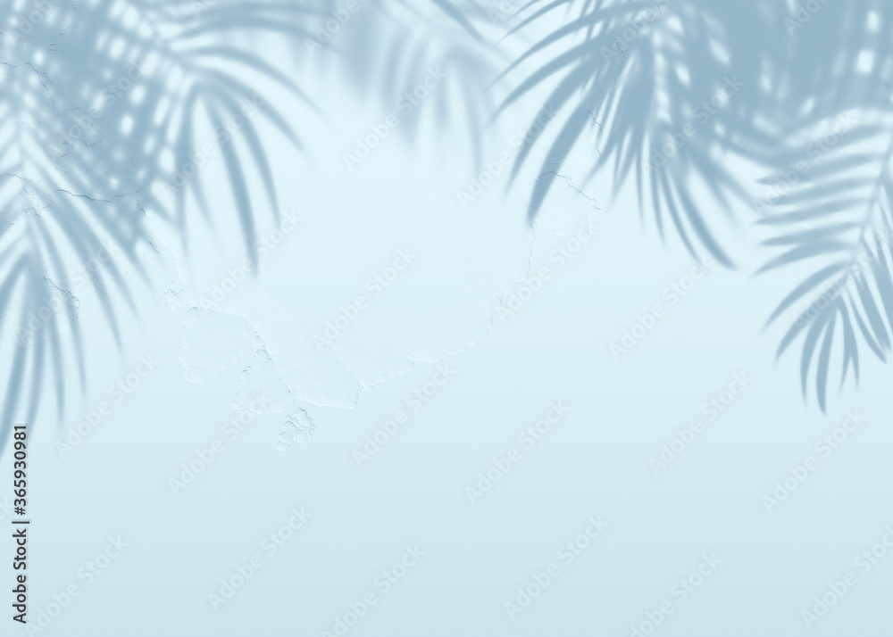 White blue grunge cement texture wall leaf plant shadow background.Summer tropical travel beach with minimal clean concept. Flat lay palm nature.