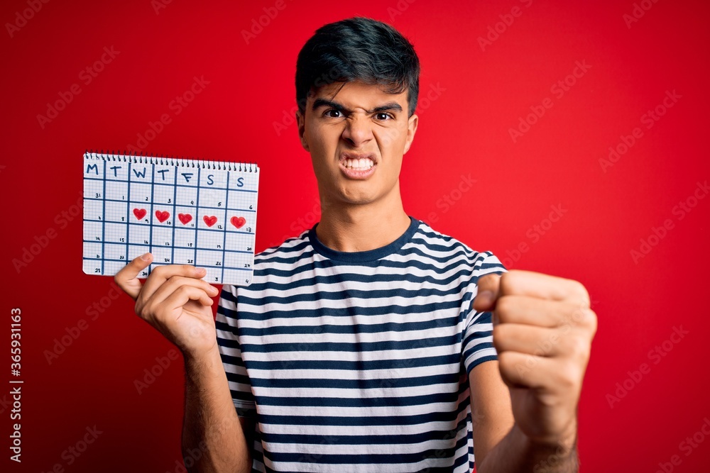 Young handsome man holding calendar with hearts over isolated red background annoyed and frustrated shouting with anger, crazy and yelling with raised hand, anger concept Young handsome man holding calendar with hearts over isolated red background annoyed and frustrated shouting with anger, crazy and yelling with raised hand, anger concept