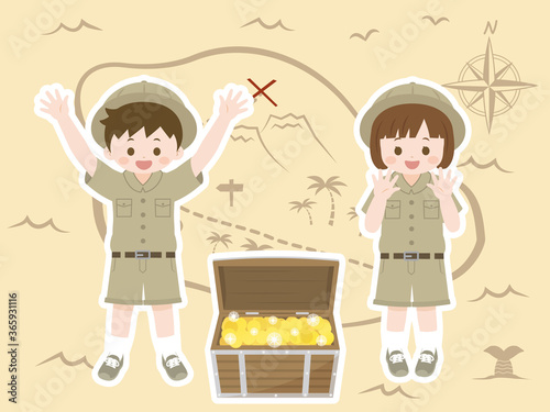 探検隊  お宝を発見する子供達のイラスト