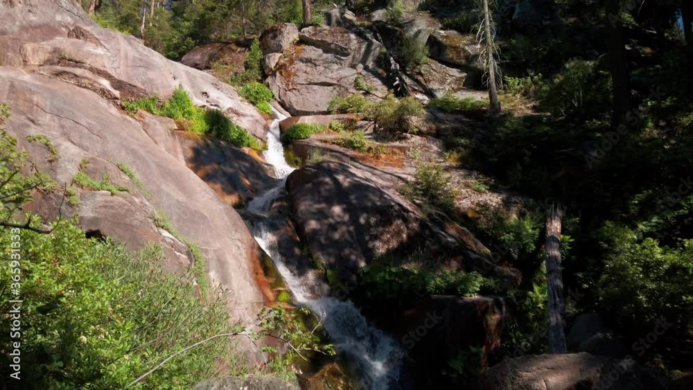 Panning shot following mountain waterfall flowing across rocks. 4K Panning shot following mountain waterfall flowing across rocks. 4K