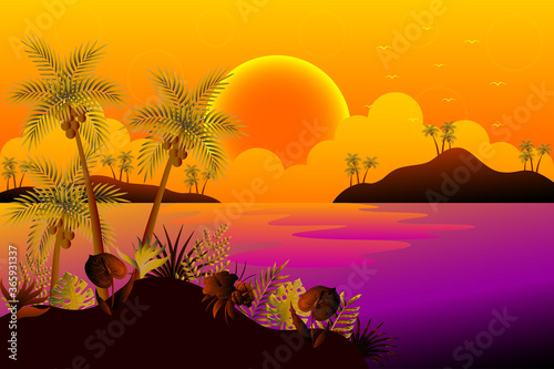 Sunset on the summer beach vector illustration
