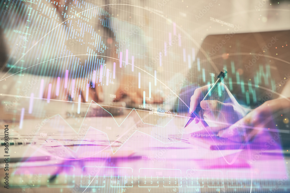 Multi exposure of woman hands typing on computer and forex chart hologram drawing. Stock market analysis concept. Multi exposure of woman hands typing on computer and forex chart hologram drawing. Stock market analysis concept.