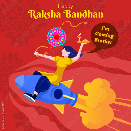 Raksha bandhan greetings with a girl flying on a rocket