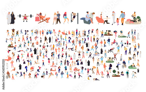 Crowd of flat illustrated people. Dancing, surfing, traveling, walking, working, playing people set. Vector big set