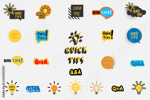 Quick tips, tip, trick, FAQ, Q&A sticker design element with bubble message, bulb icon
