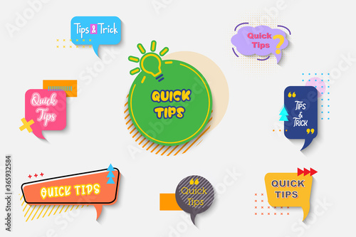 Quick tips, tip, trick, FAQ, Q&A sticker design element with bubble message, bulb icon