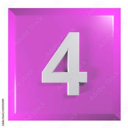 Number 4 purple pink square button on white background - 3D rendering illustration