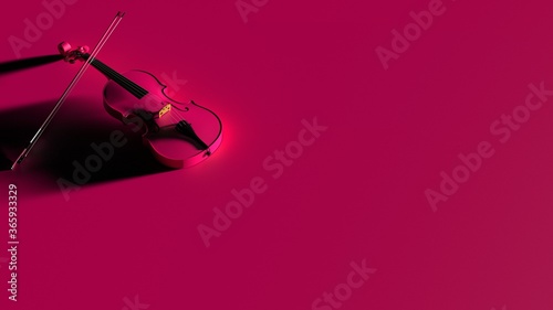 Pink classic violin on pink plate under spot lighting background. 3D sketch design and illustration. 3D high quality rendering.
