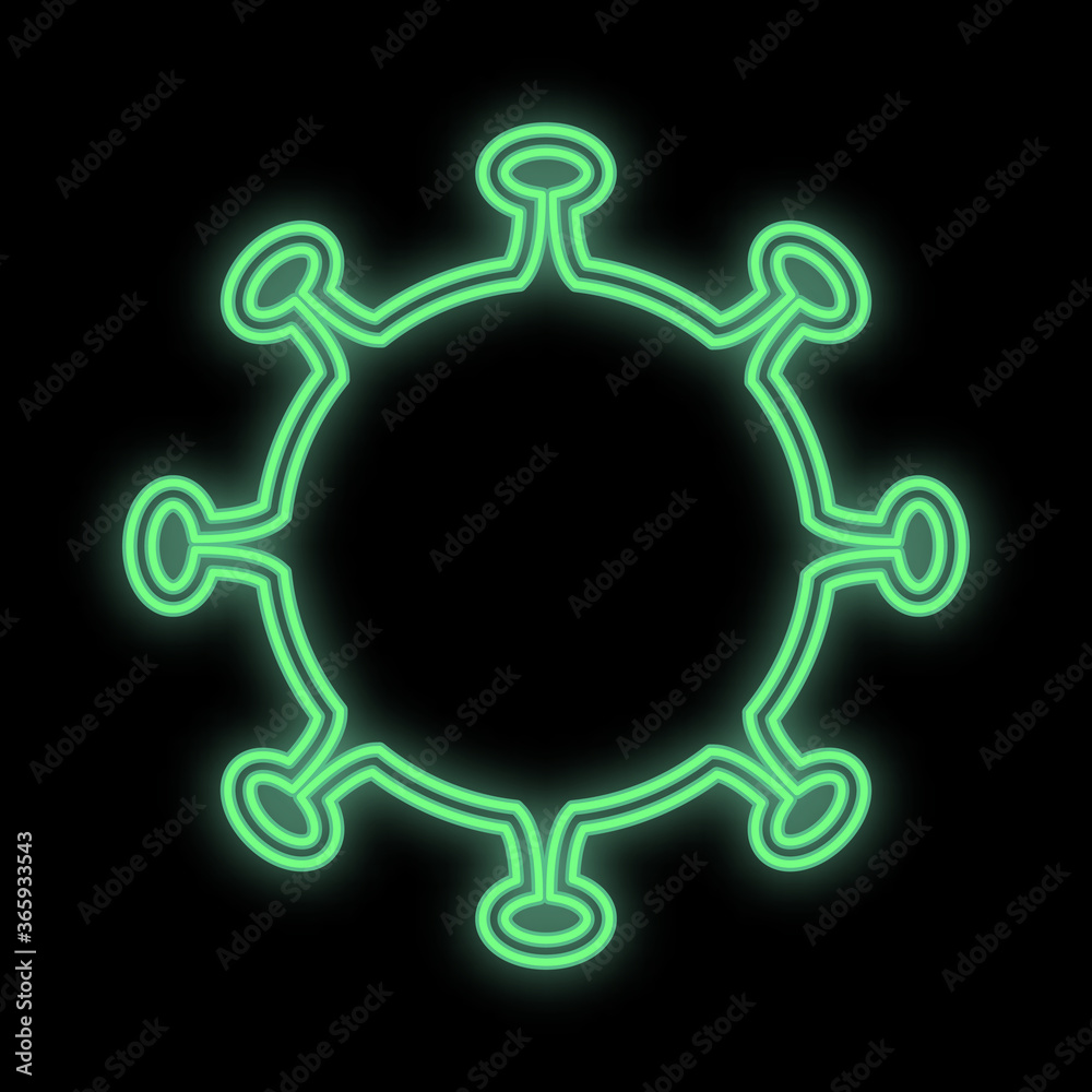 Bright glowing green medical scientific digital neon sign for hospital laboratory pharmacy beautiful with coronavirus pandemic virus on black background. Vector illustration