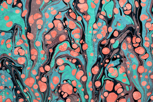 An ink marbling abstract pattern, similar to marbled ink techniques used on the inner cover linings of vintage and antiquarian books