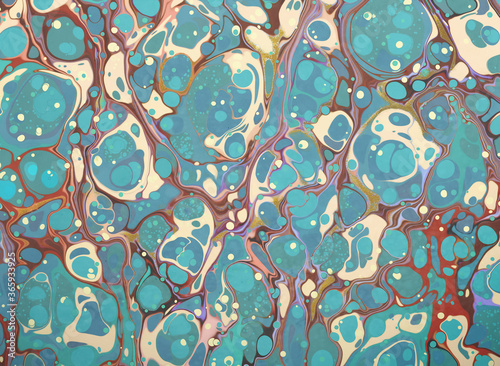 An ink marbling abstract pattern, similar to marbled ink techniques used on the inner cover linings of vintage and antiquarian books