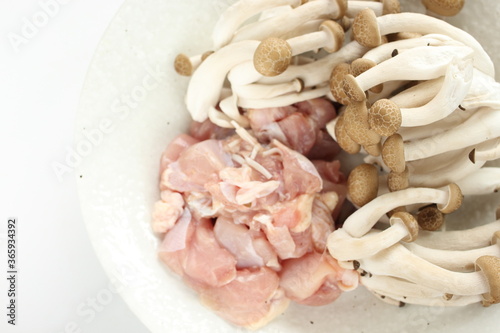 Prepared Shimeji mushroom and chicken for cooking ingredient