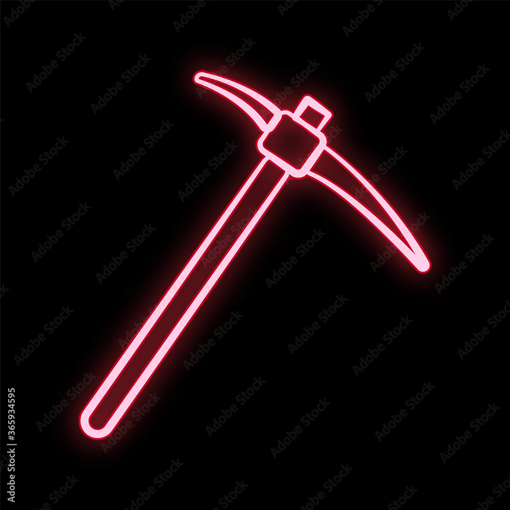Bright glowing red construction industrial digital neon sign for service center workshop shop beautiful shiny with miner's pick for repair on black background. Vector illustration Bright glowing red construction industrial digital neon sign for service center workshop shop beautiful shiny with miner's pick for repair on black background. Vector illustration