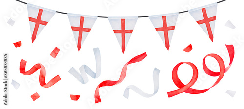 Water color illustration set of festive garland with triangular flag with St. George's Cross and various flying ribbons. Hand painted watercolour drawing, cutout clip art elements for creative design. photo