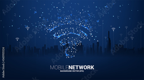 Vector dot connect line circuit board style mobile data icon with city background. Concept for data transfer of mobile and wi-fi data network.
