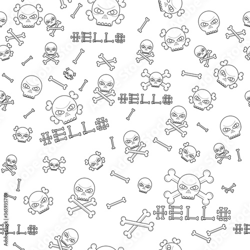 Black vector hand-drawn art for t-shirts  clothes  helmets  cars  covers and wallpapers. seamless pattern with skulls  illustration set. concept graphic design element. Isolated on white background.