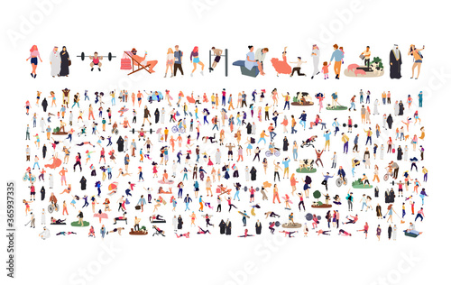 Crowd of flat illustrated people. Dancing, surfing, traveling, walking, working, playing people set. Vector big set